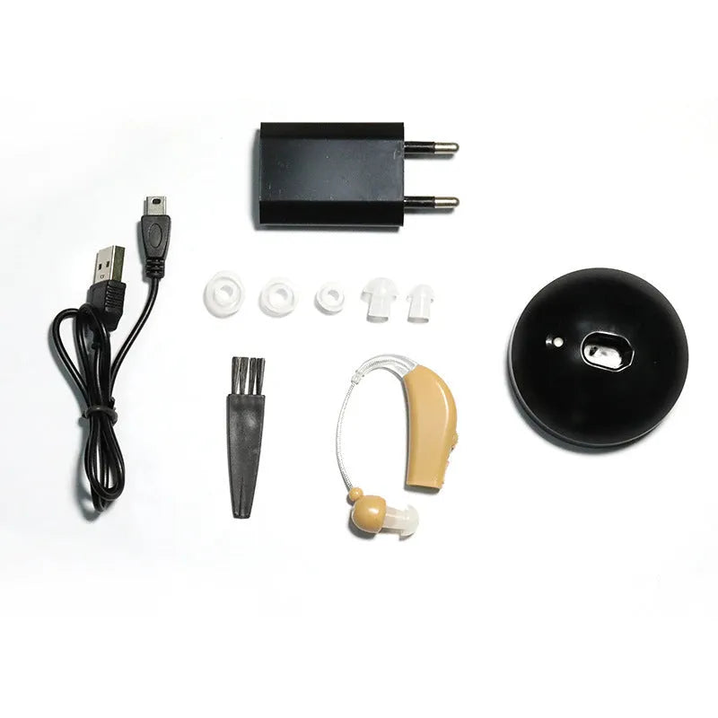 Black silicone rechargeable hearing aid amplifier with USB charging cable for the elderly.