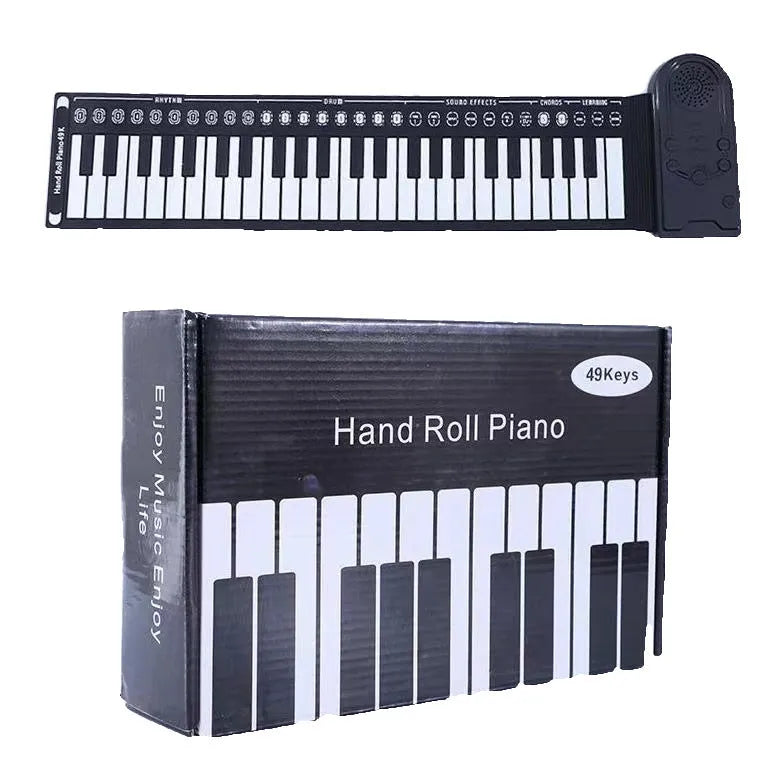 Portable 49-key folding electronic keyboard with speaker in gloss black, showing rolled design and control panel.