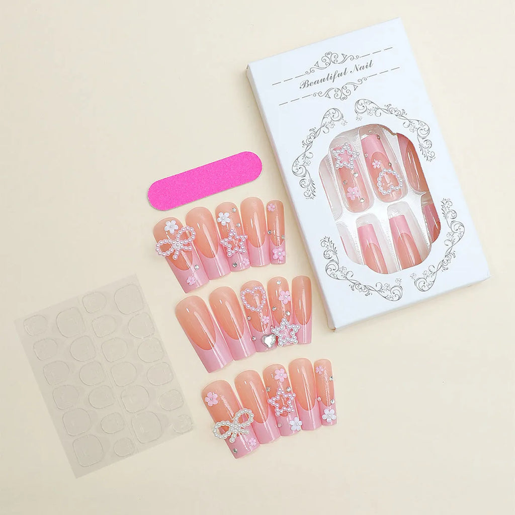 Super long French style artificial press-on nails with a decorative bow and spot drill accents in colour XB-70-48.