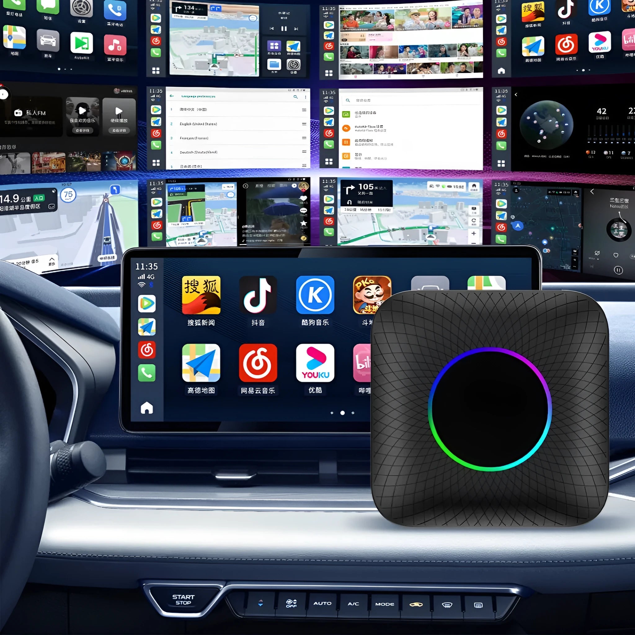 Tbox-Led Wireless Carplay Android 13 box with dimensions and headphone accessory