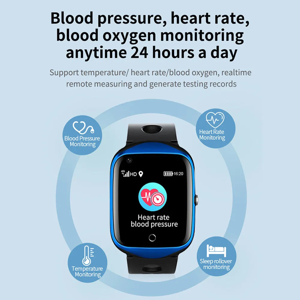 Black elderly safety smartwatch showing GPS location on its 1.3-inch square colour screen.