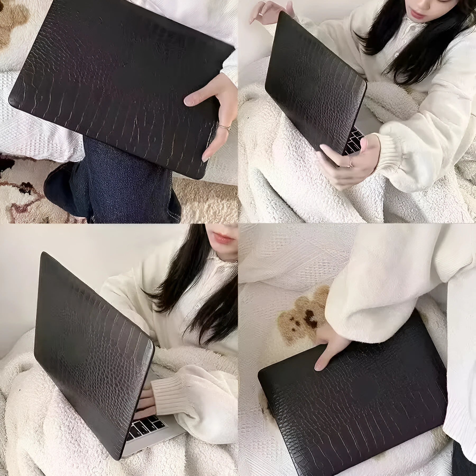 Black MacBook protective case with crocodile texture and visible Apple logo through a cutout.