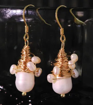 Handmade natural pearl wire-wrapped earrings geometric design white colour for women
