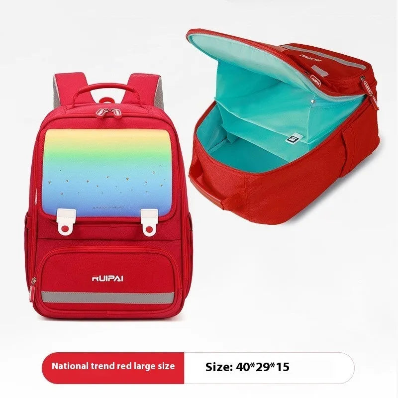 Primary school polyester backpack with burden reduction and spine protection, available in pink, red, purple and navy blue