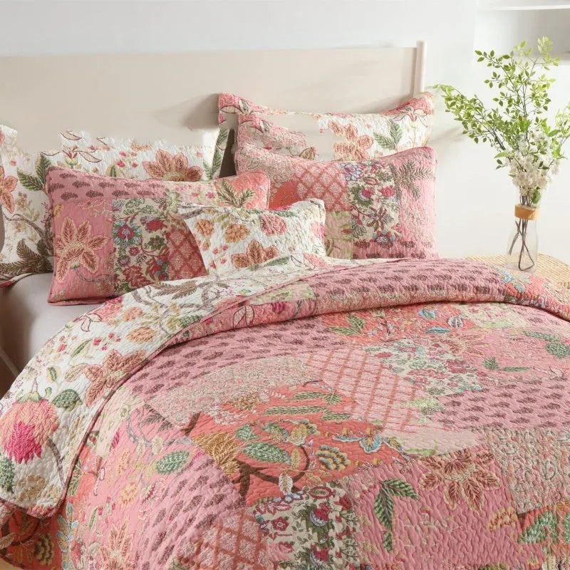Pure cotton bedding set three-piece, retro floral pattern, pink, plain weave, 230x230cm for 2.0m bed