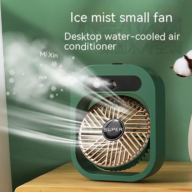 Green and white USB portable misting fan with humidifier function on desk