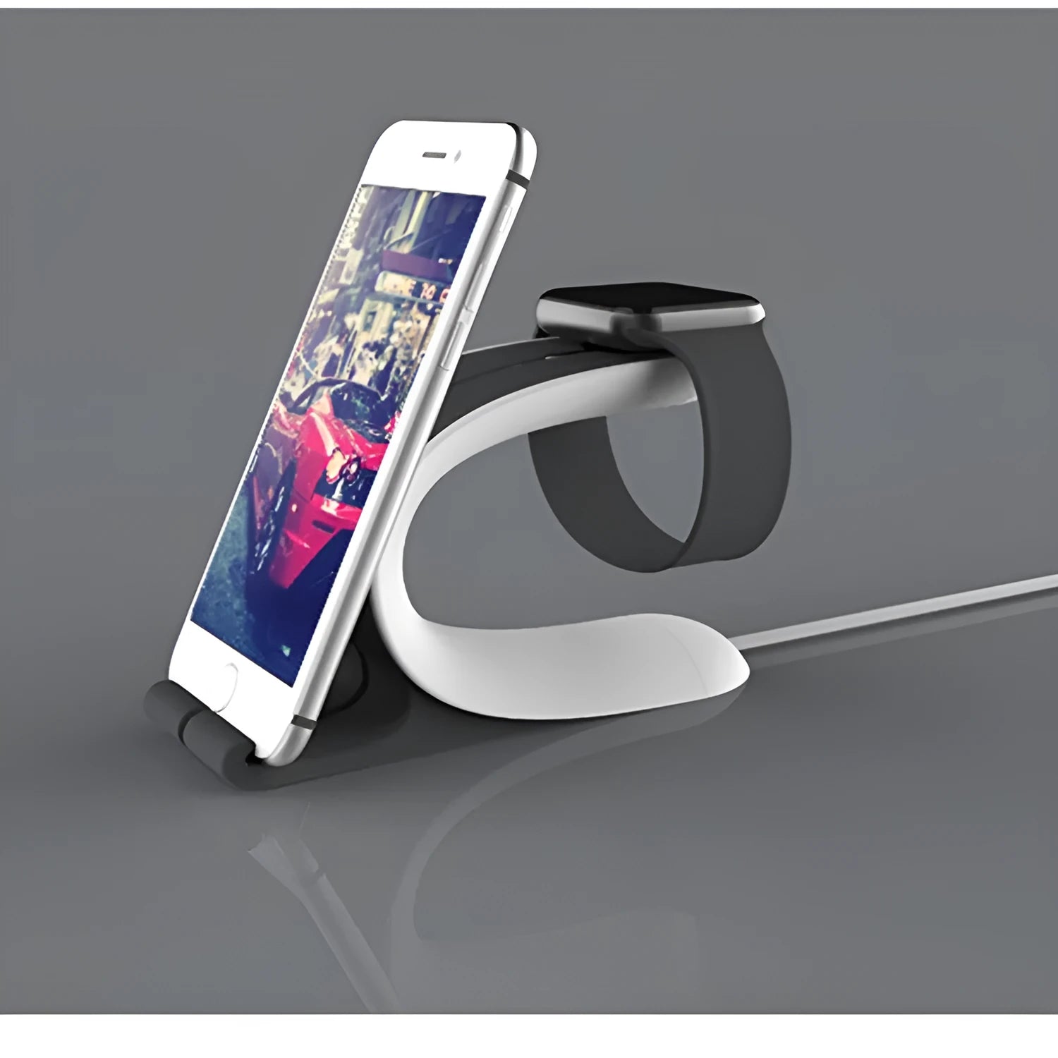 Grey desktop charging stand holding Apple iPhone and Apple Watch simultaneously