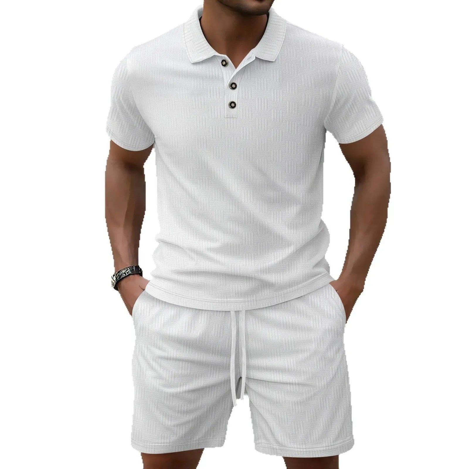 Men's solid colour jacquard casual short sleeve suit with matching shorts in leisure setting