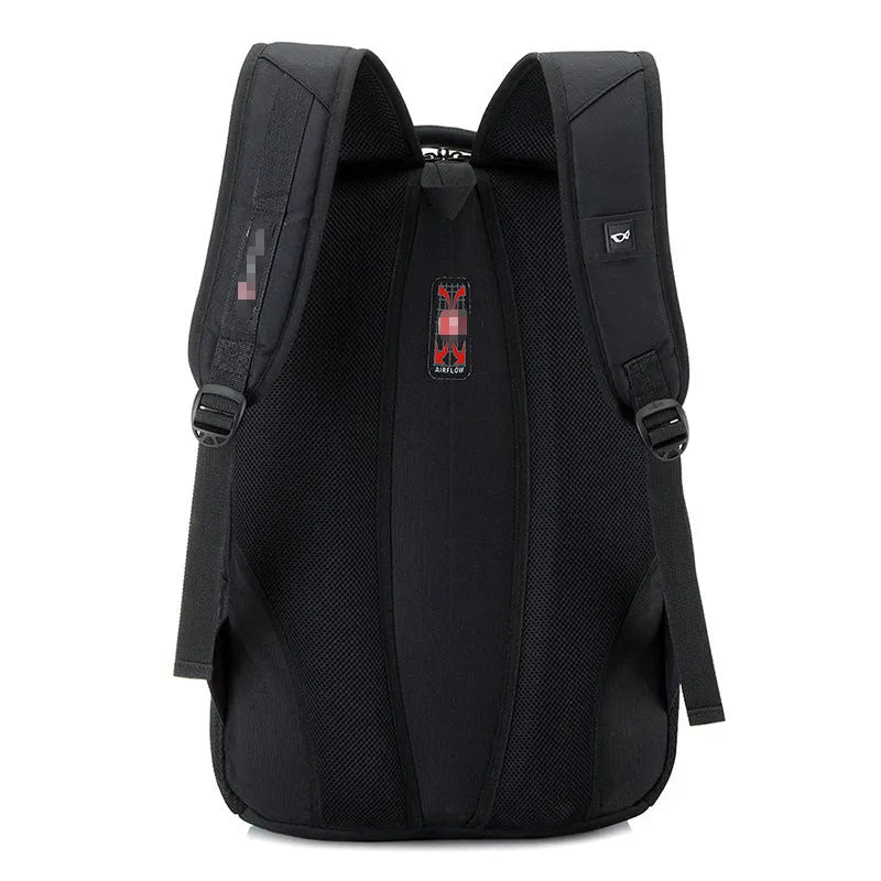 Men's medium square Oxford cloth computer backpack with zipper closure, soft handle, and double shoulder straps; available in plain style for 15 or 17 inch notebooks