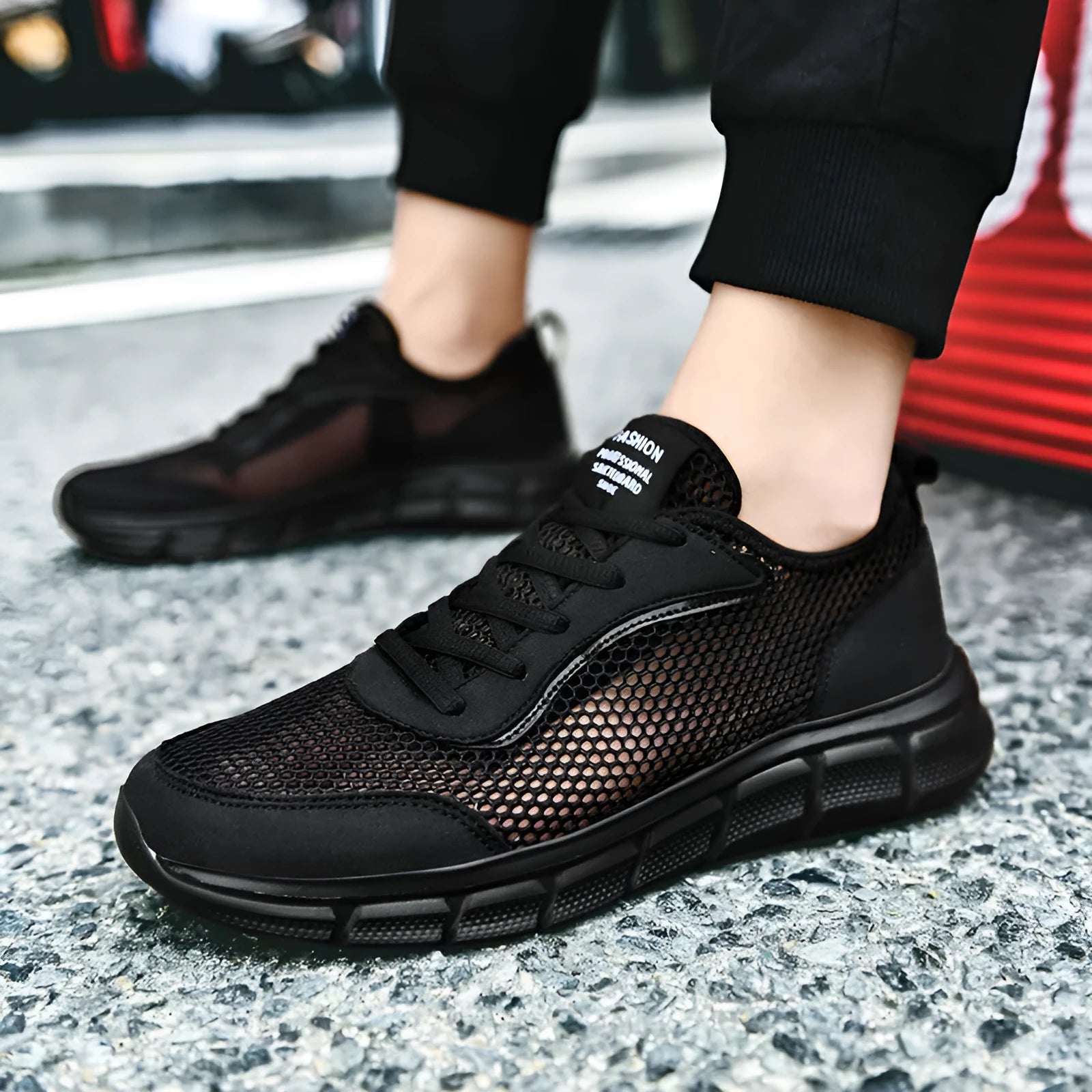 Net Shoes men's breathable hollow mesh sports shoes in black for summer