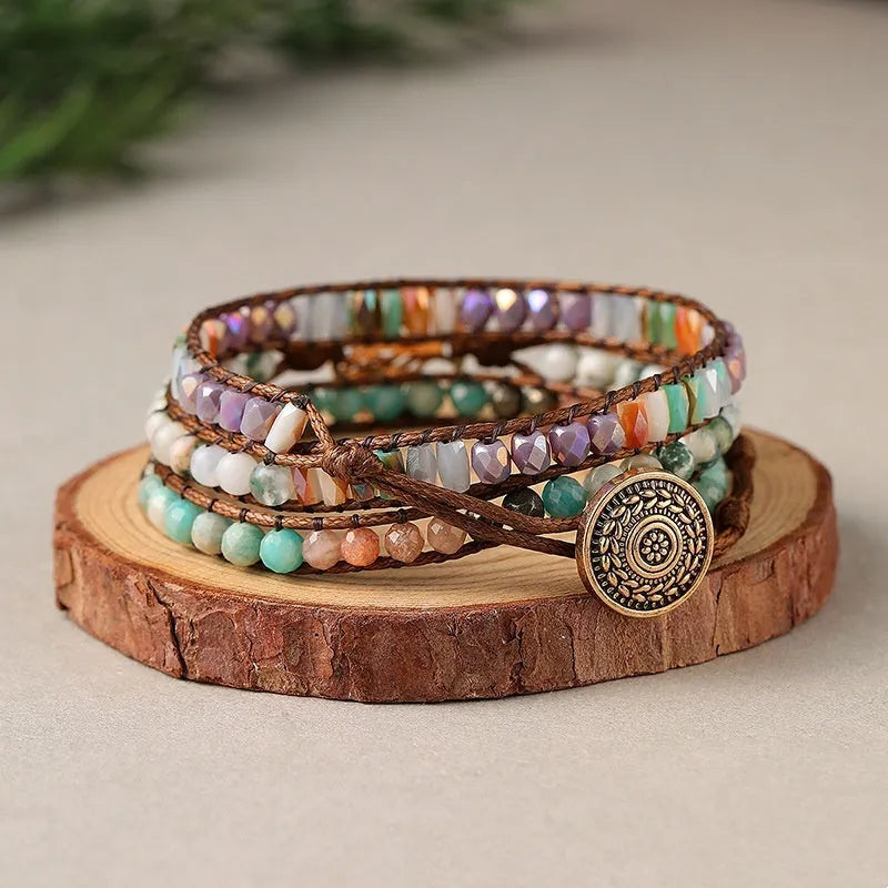 Hand-woven Tree of Life unisex bracelet in brown and white made from mixed natural stone
