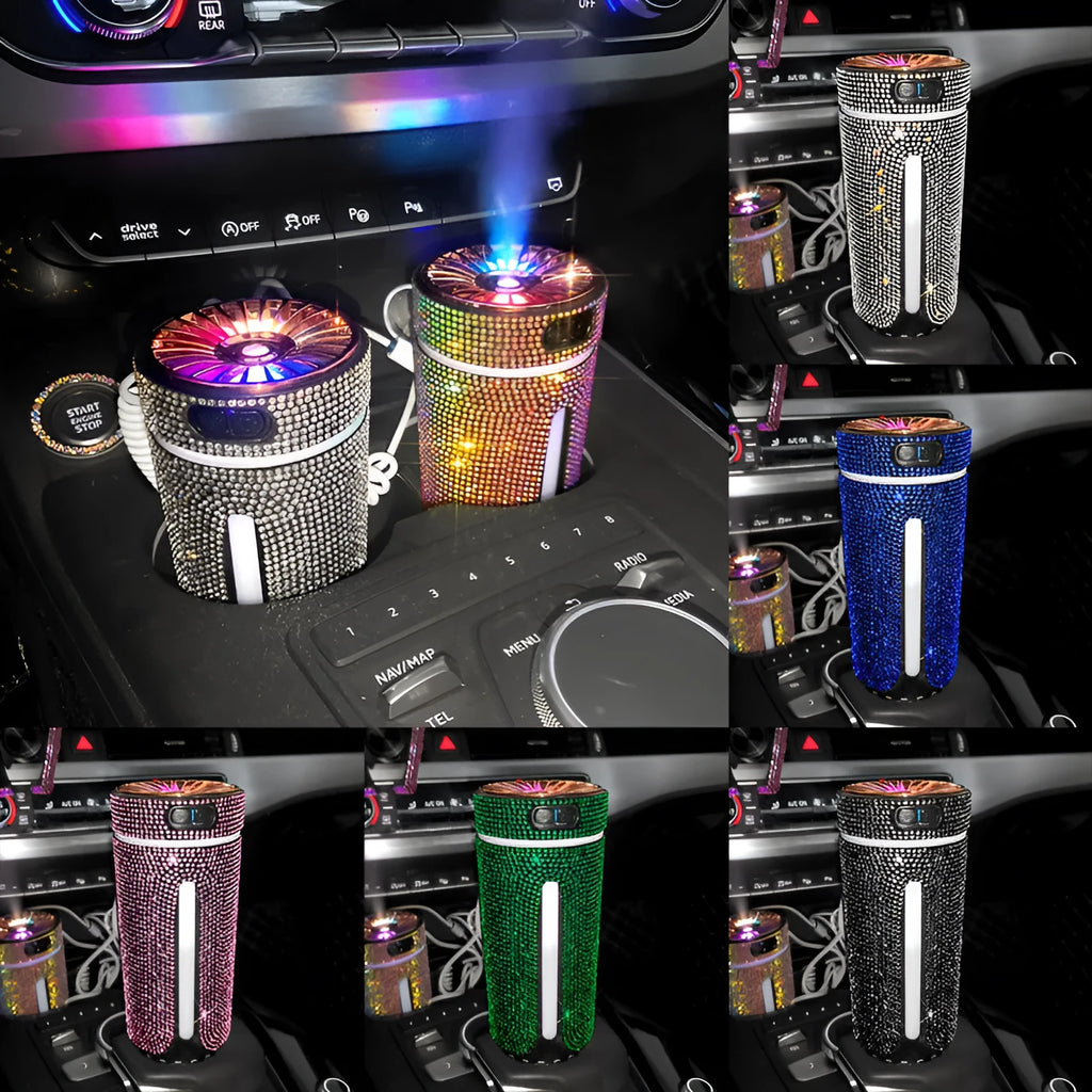 Diamond car humidifier with LED light, USB powered, 15x7x7cm, colourful mist diffuser
