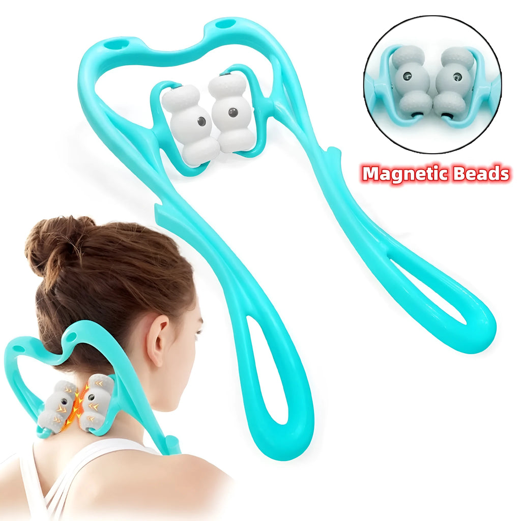 Blue handheld neck massager with pressure points showing 360-degree rotation capability