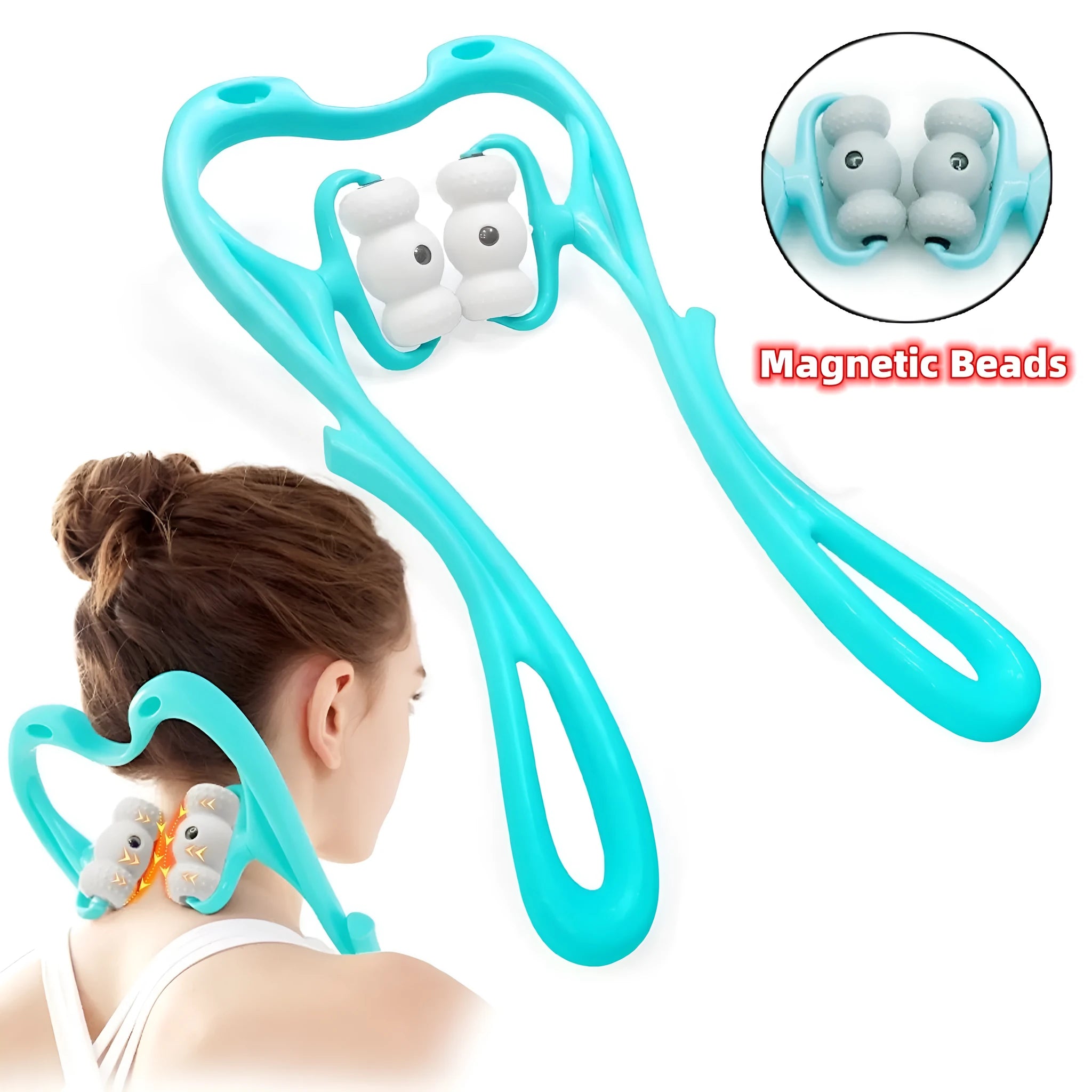 Blue handheld neck massager with pressure points showing 360-degree rotation capability