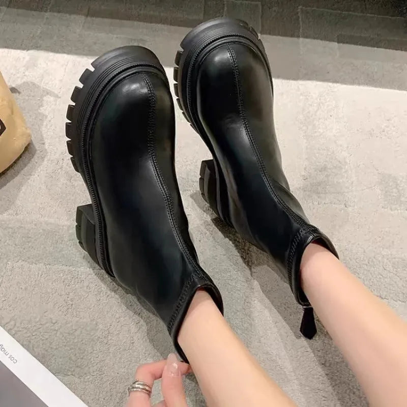 White height-increasing platform ankle boots with thick sole, round toe, square heel, and back zipper for women