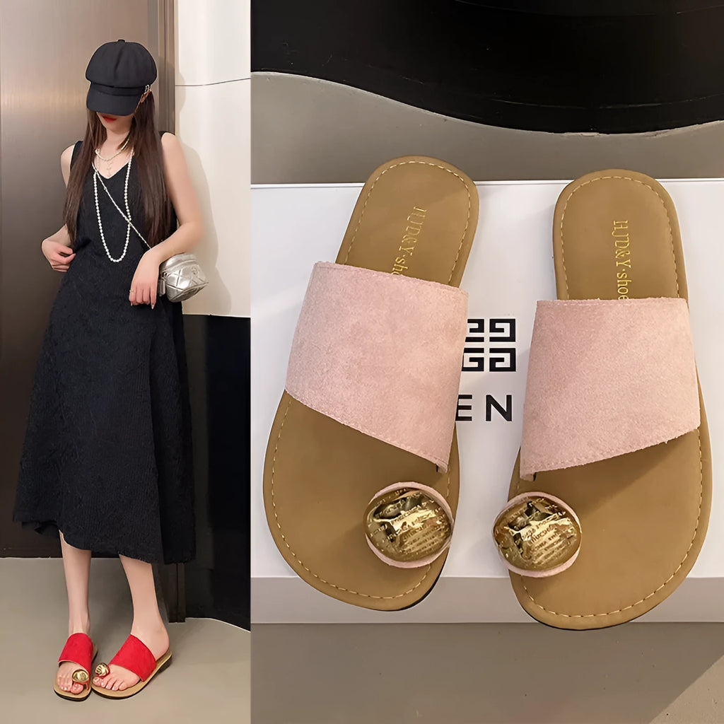 Women's flat bottomed French toe flip flops in solid colour with artificial PU upper and rubber sole
