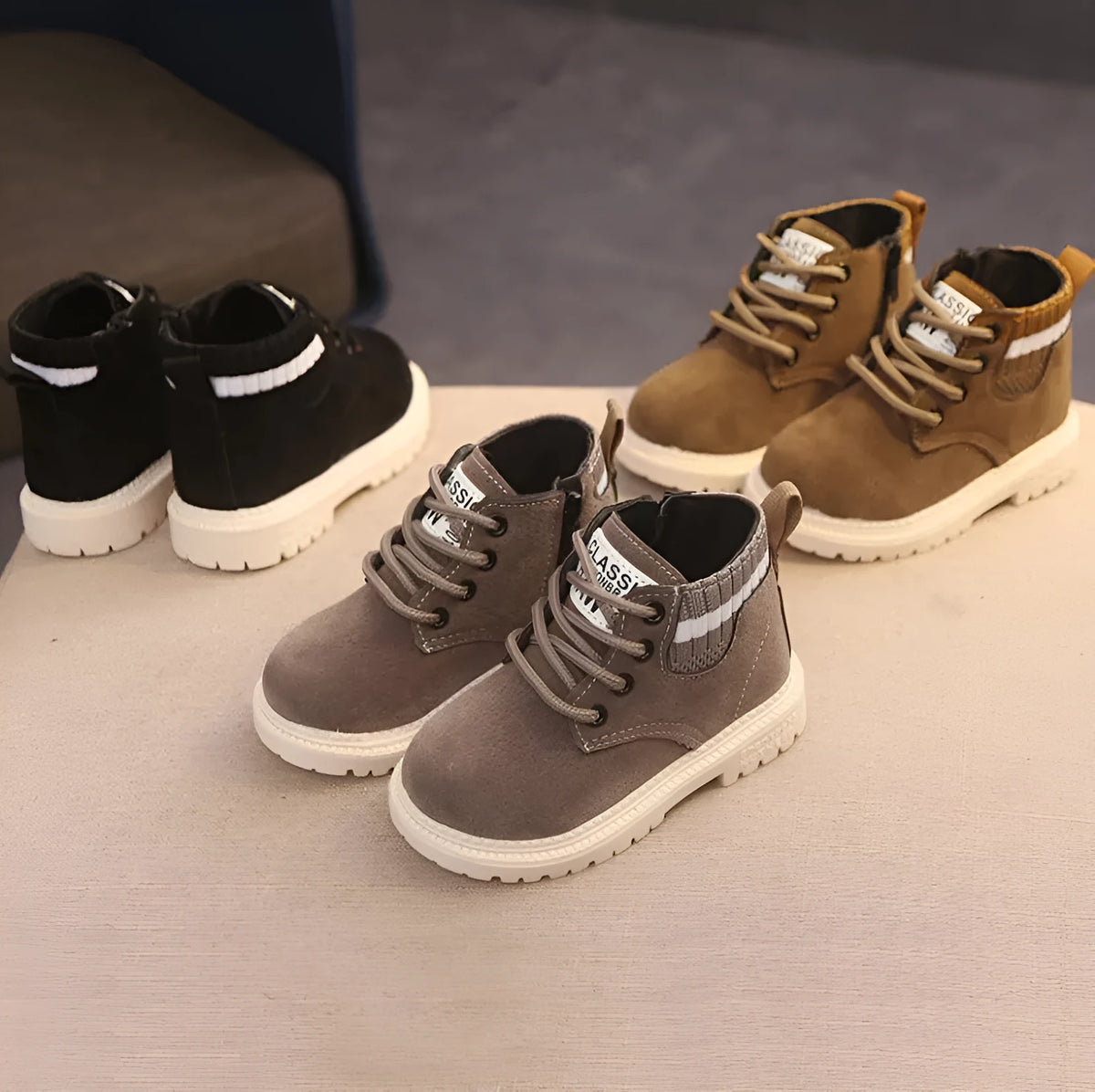 Children's Martin snow boots with side zip, synthetic leather upper, rubber sole, thickened winter design, sizes 21-30.