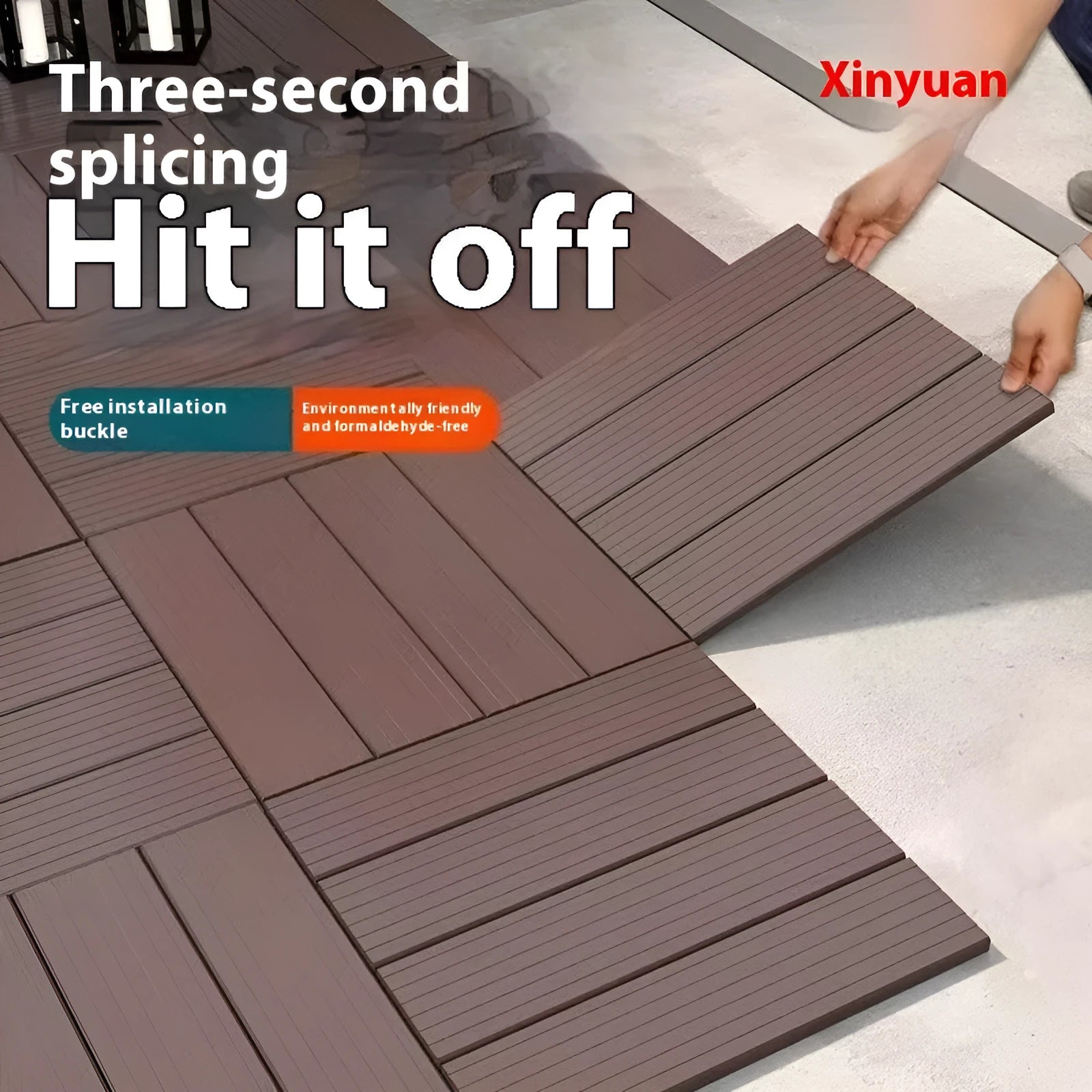 Pack of 10 wood grain patterned plastic floor tiles showing non-slip surface and splicing edges.