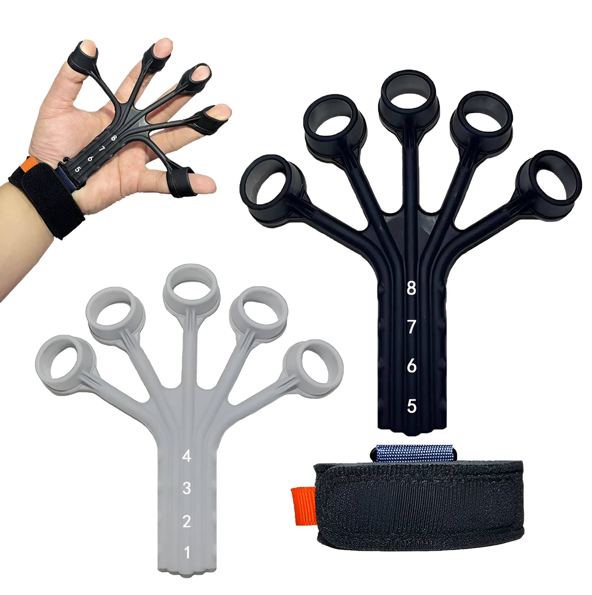 HLX silicone finger rehabilitation trainer with adjustable tension belt, shown in grey colour.