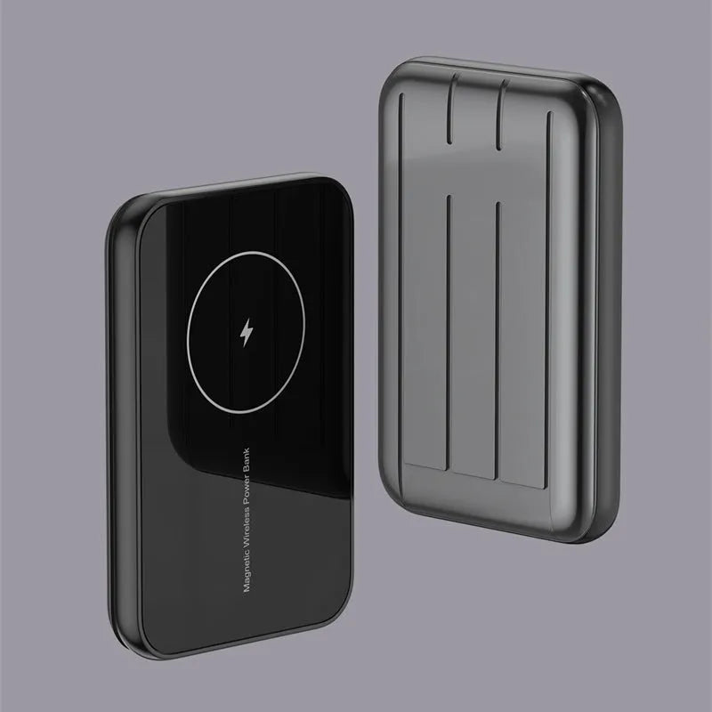 Blue magnetic wireless charging power bank showing dimensions and USB ports