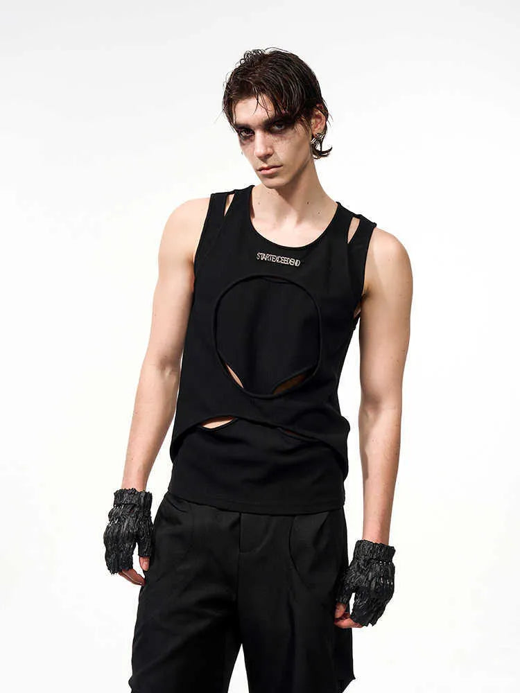 Men's black sleeveless waistcoat with hollow white thread construction and round neck collar