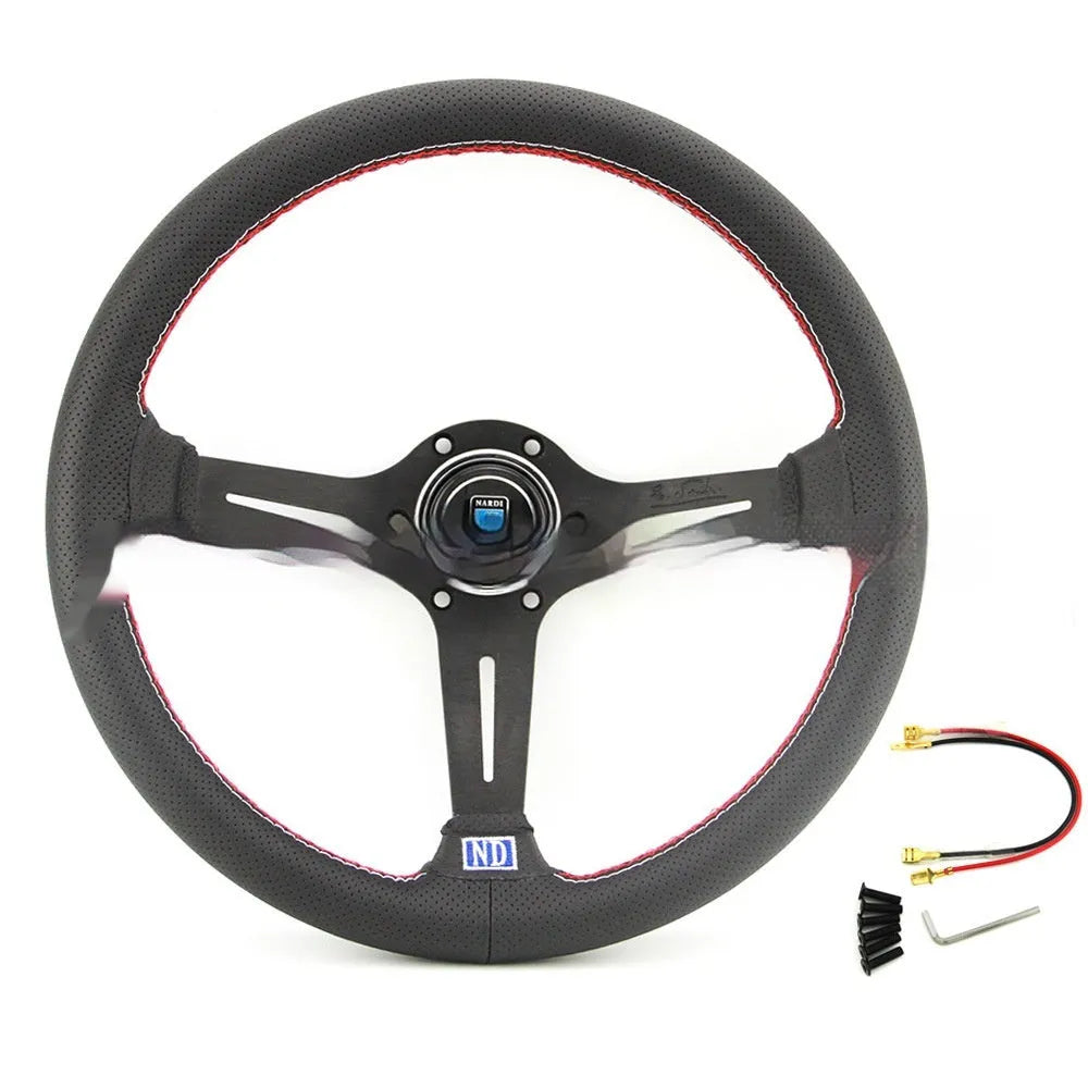 14-inch leather steering wheel with concave middle section in silver-black colour