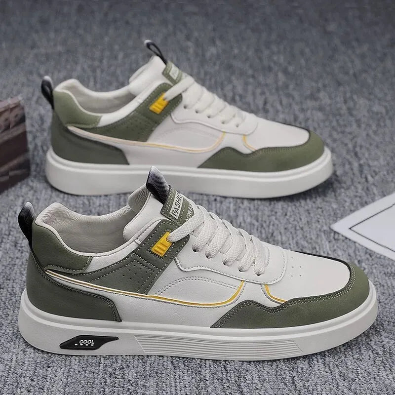 Men's solid-colour canvas board shoes with leather stitching and mesh lining.