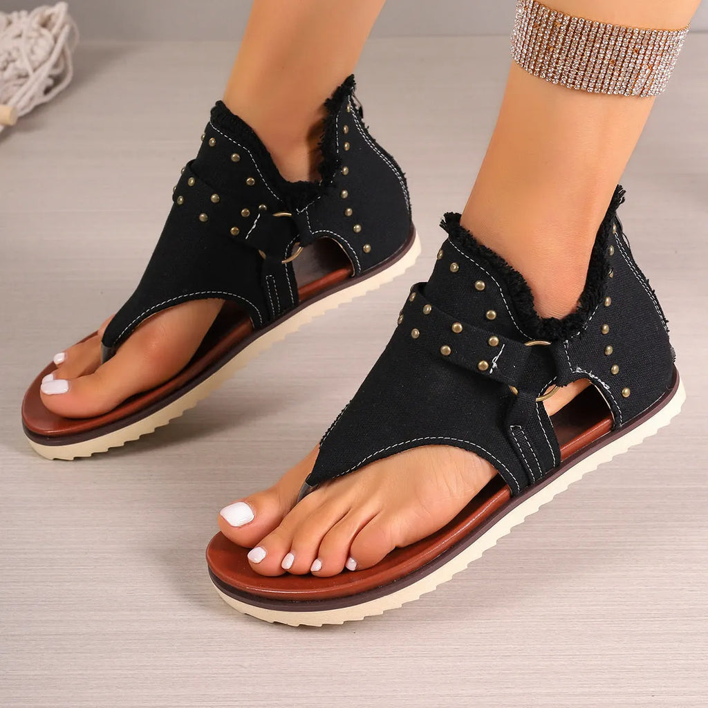 Women's denim thong sandals with rear zipper, PU upper, flat rubber sole, round toe, side hollow, sizes 36-43