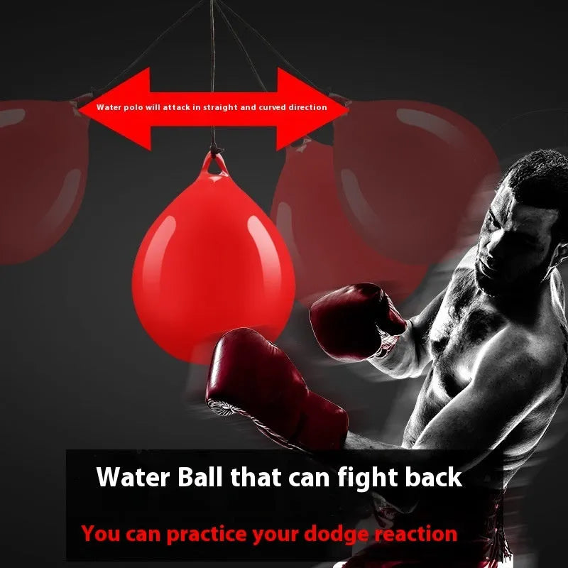 Red water-filled boxing reaction ball with hook rope attachment for martial arts training