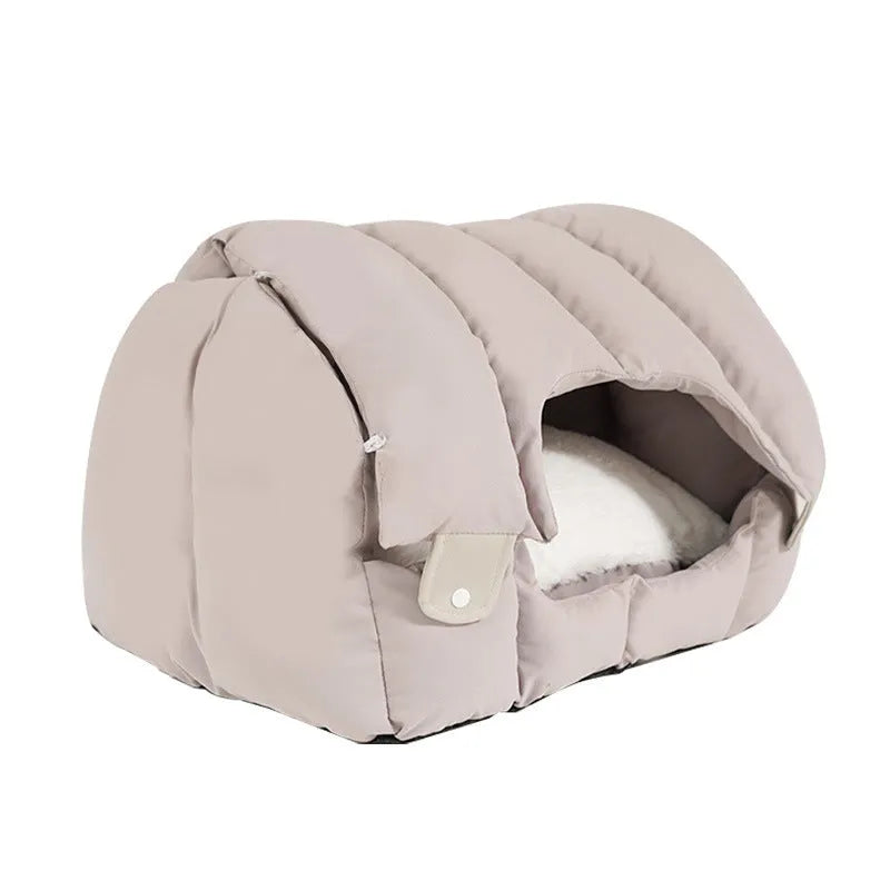 Grey arched cat nest with fully enclosed design for cats and dogs