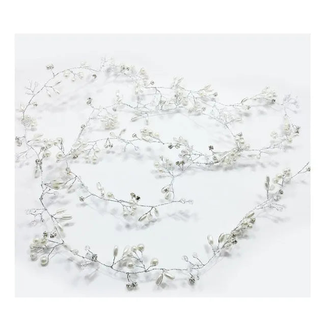 Pearl-decorated wire hair band for weddings in silver, gold, or rose gold on a white background.