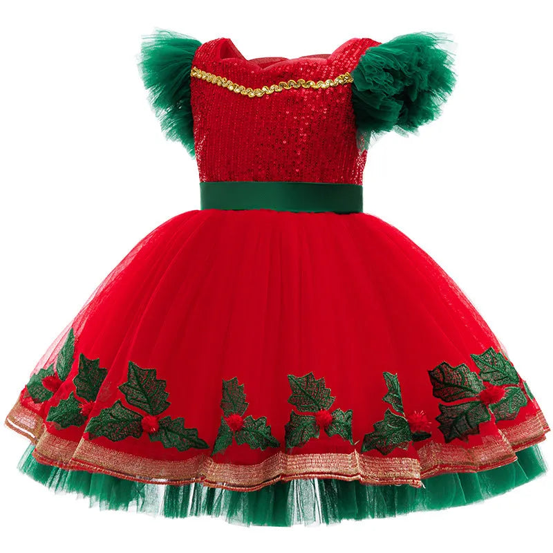 Children's colour-blocking princess dress with lace in D1557 red on a child aged 8-10, polyester fabric, full-length view