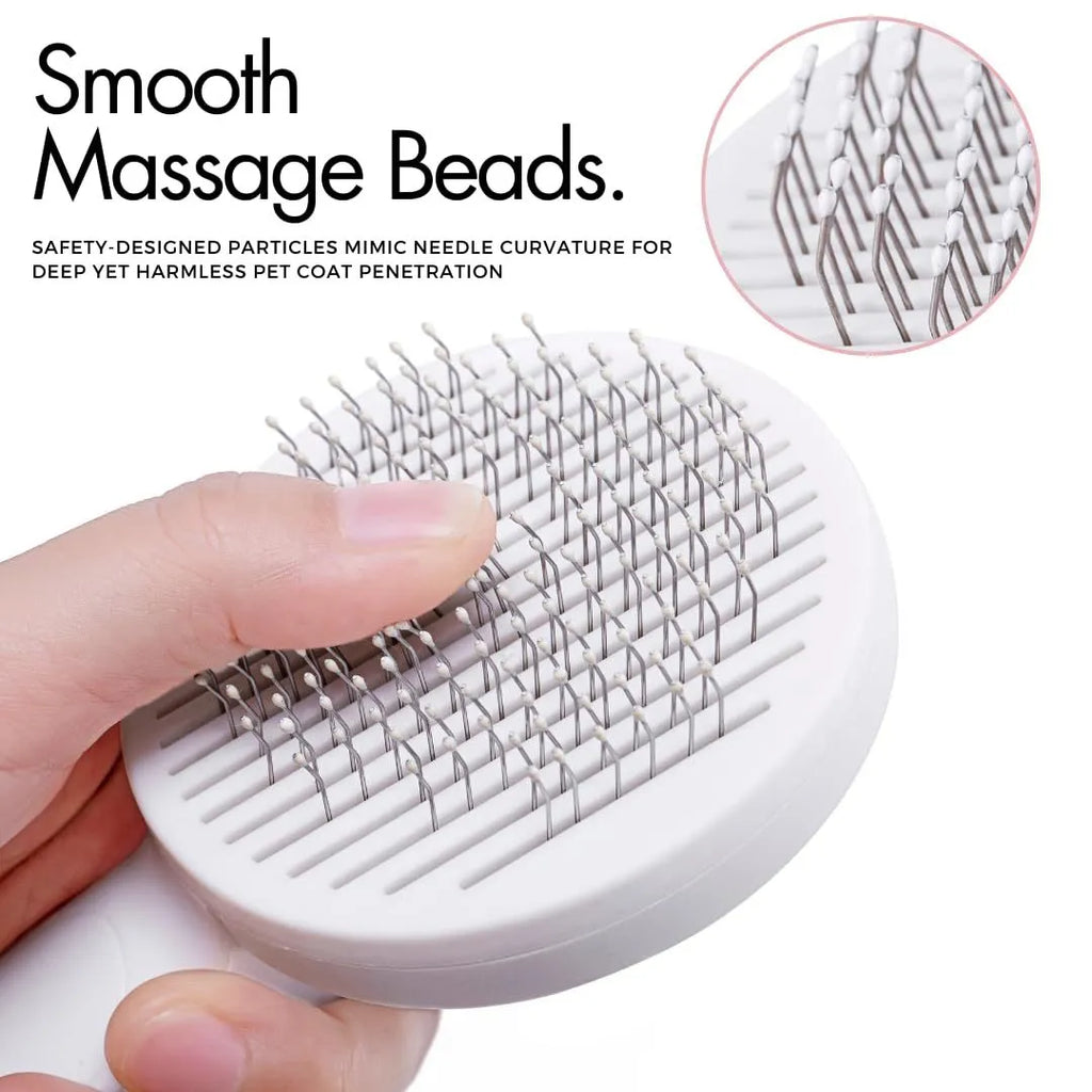 Self-cleaning slicker brush for dogs and cats with blue rubber handle and stainless steel pins