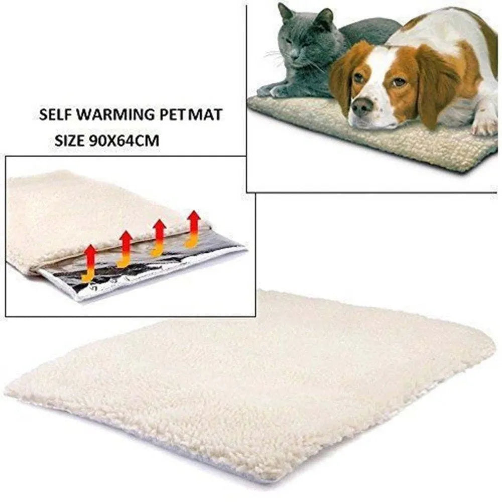 Beige self-heating pet blanket with faux lambswool on a dog bed, no electricity needed, size 64cm x 49cm