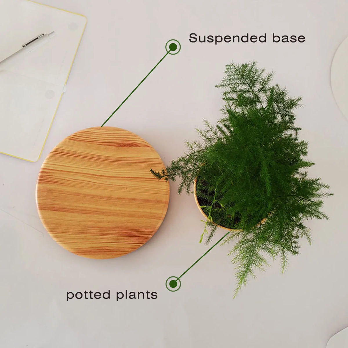 Maglev potted desktop ornament with wood grain finish floating a small artificial plant above a black base