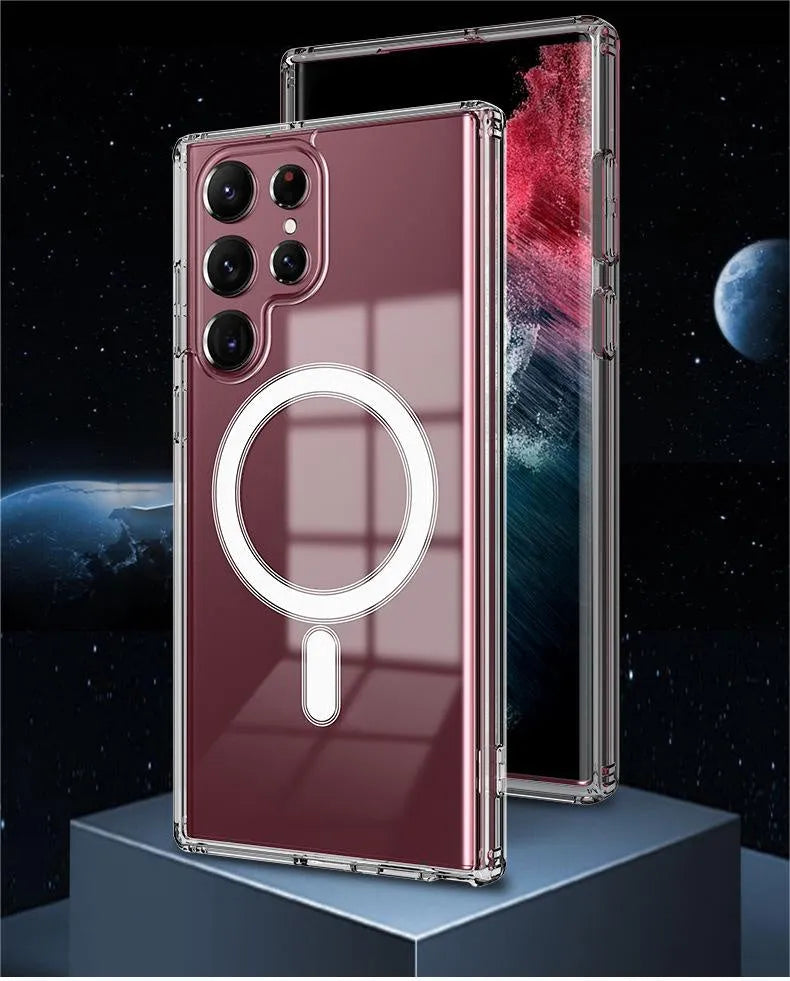 Transparent MagSafe magnetic phone case for Samsung Galaxy S21 S22 S23 on a table