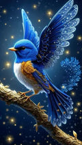Handmade blue bird diamond painting artwork measuring 60x100cm with rhinestone details