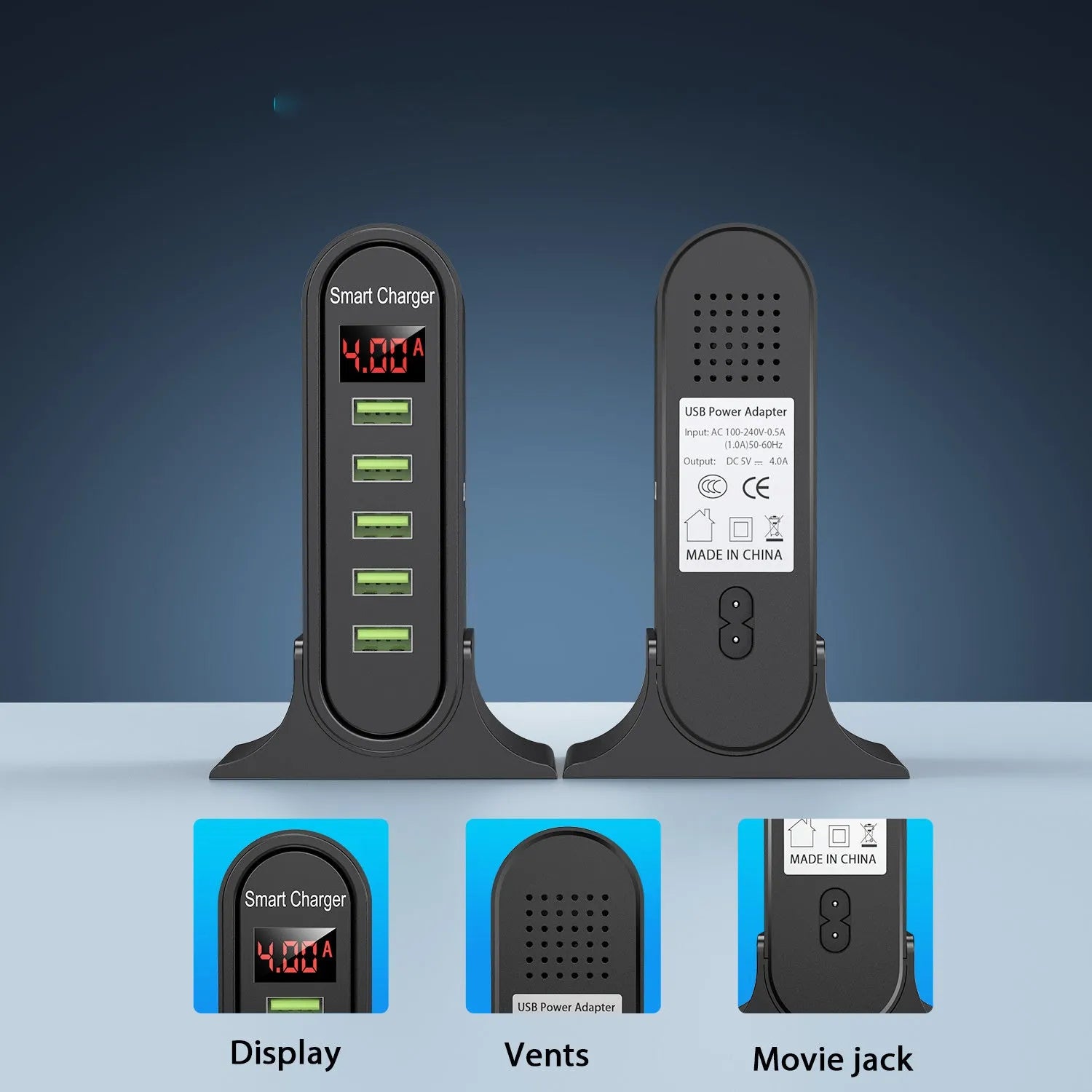 Smart LED digital display USB charger in black or white with regional plug options