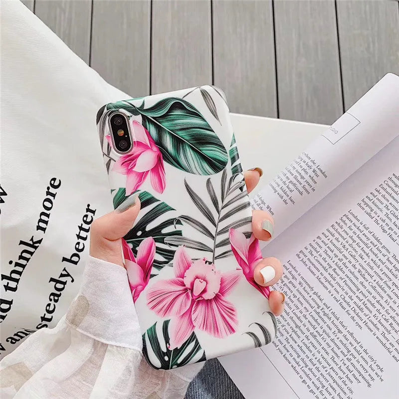 Pink floral print on a slim flexible TPU back cover case for Apple iPhone
