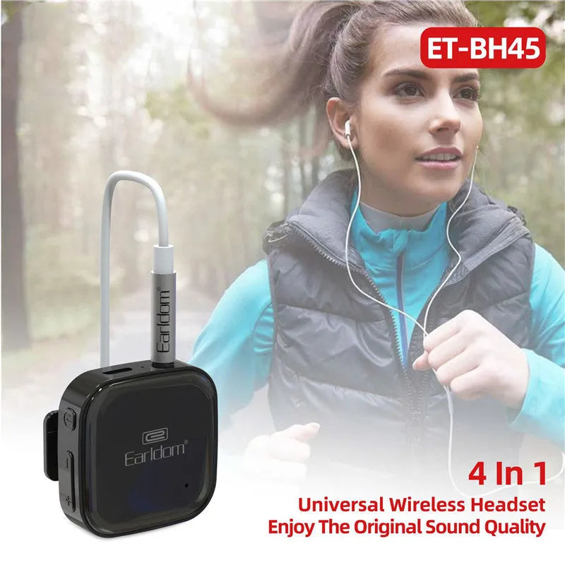 Bluetooth lavalier headset in black, grey, red, or white with 10-metre wireless range.