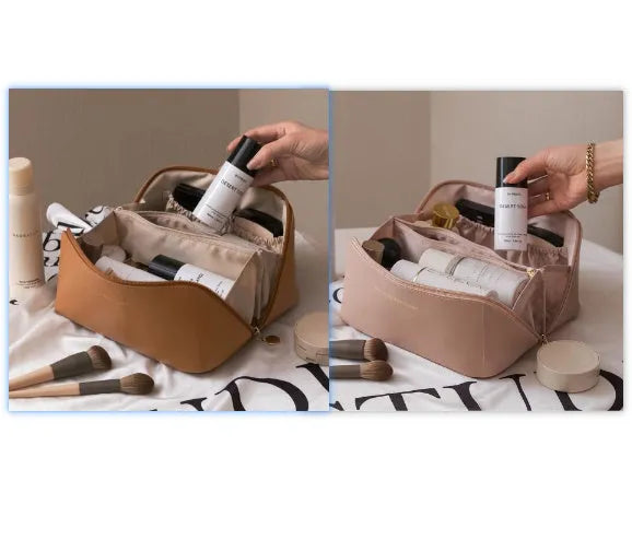 Large capacity travel makeup storage bag in PU leather, 23.5x10.5x11cm, solid colour, white pink light brown black
