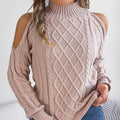 Gray women's pullover sweater with a strapless half-high collar and long, twisted lantern sleeves.