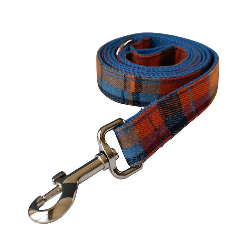 Blue velvet plaid pattern dog collar with alloy buckle on cotton material