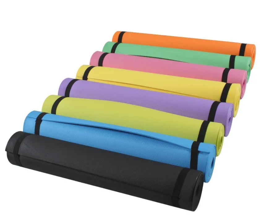 EVA fitness yoga mat in blue showing thickness and non-slip surface texture