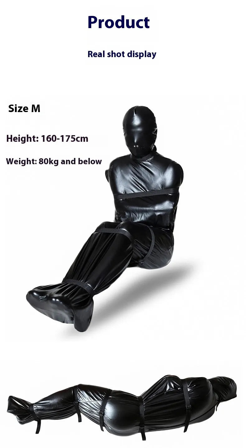 Black patent leather bondage set with body wrap and six ratchet tie-down straps