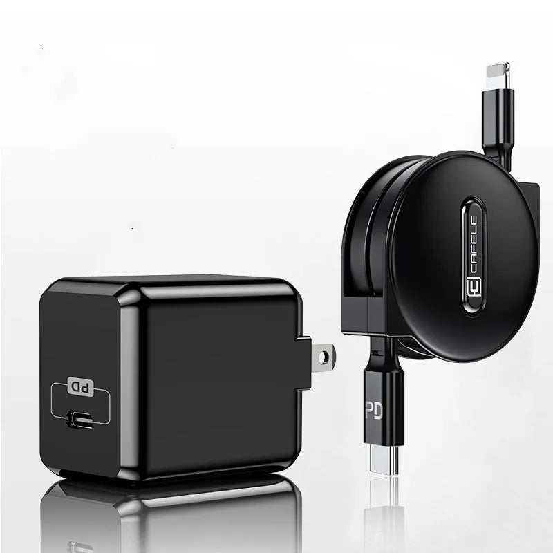 Black 18W PD single-port charging head with PD cable set, five-step adjustable length