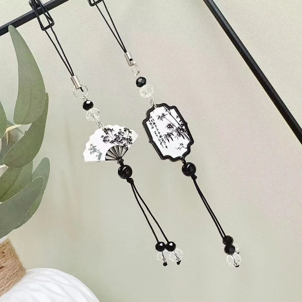 Guofeng Chinese-style pendant keychain with floral bead patterns in Fan or Poetry colour on a key ring.