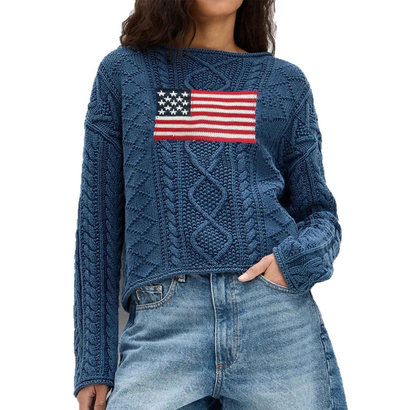 Women's navy blue lazy sense top with national flag pattern, long sleeve pullover style in acrylic fibre