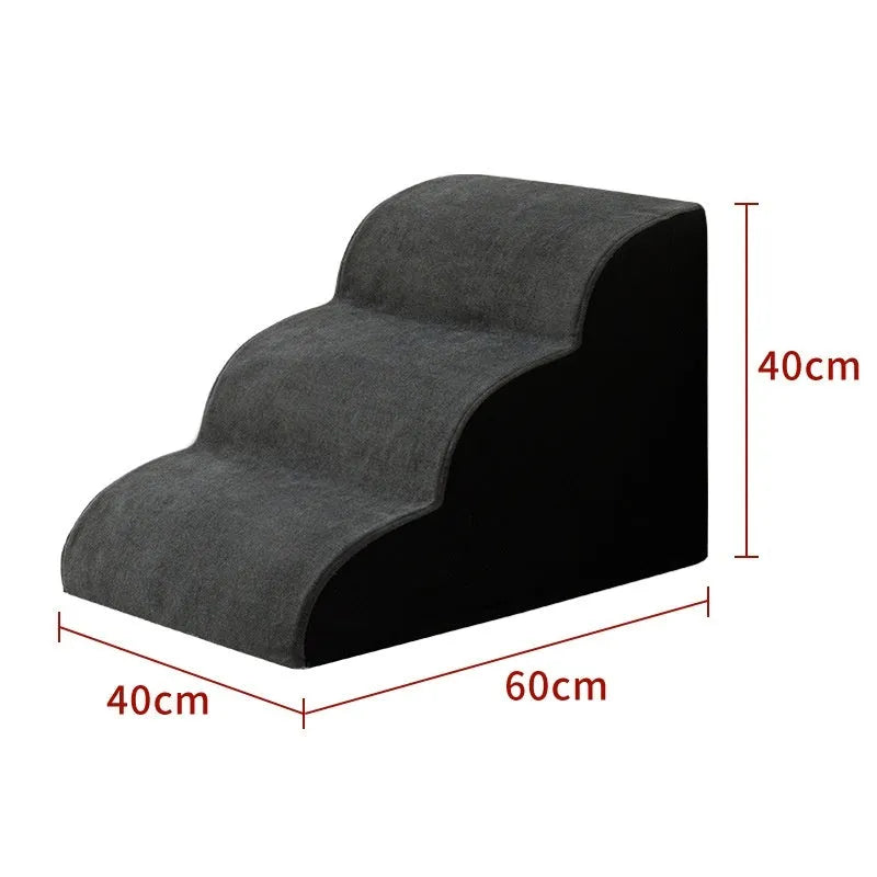 Brown wooden pet stairs with removable fabric steps helping a small dog reach a sofa
