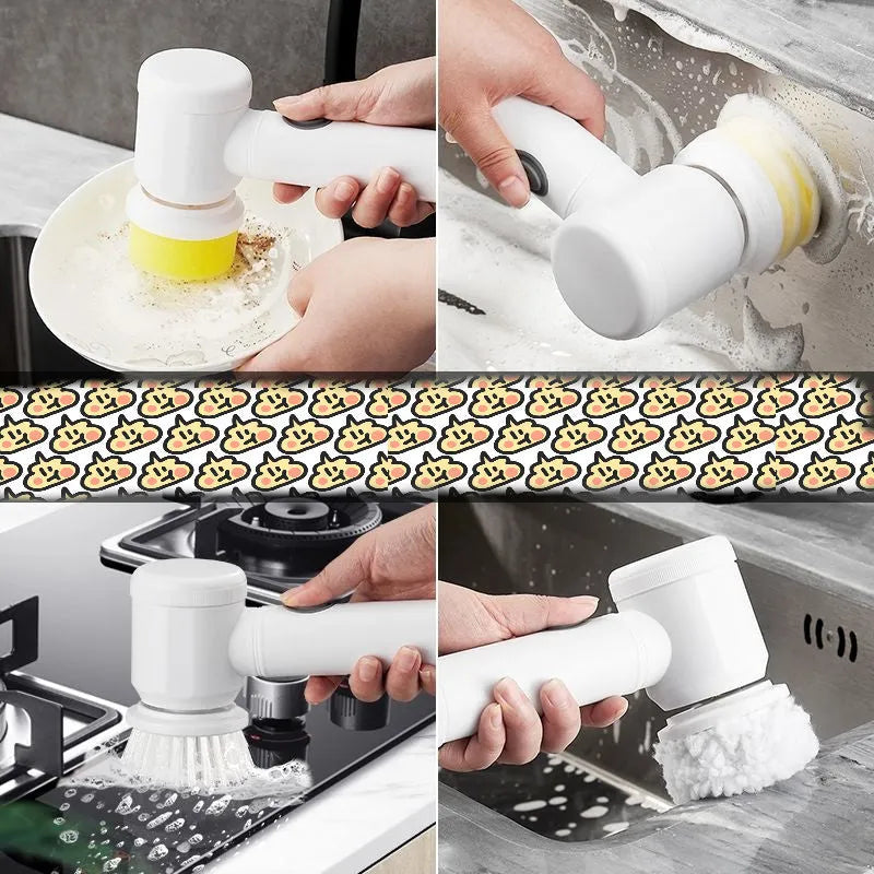 Electric kitchen cleaning brush with replaceable nylon and sponge brush heads for stove and range hood cleaning